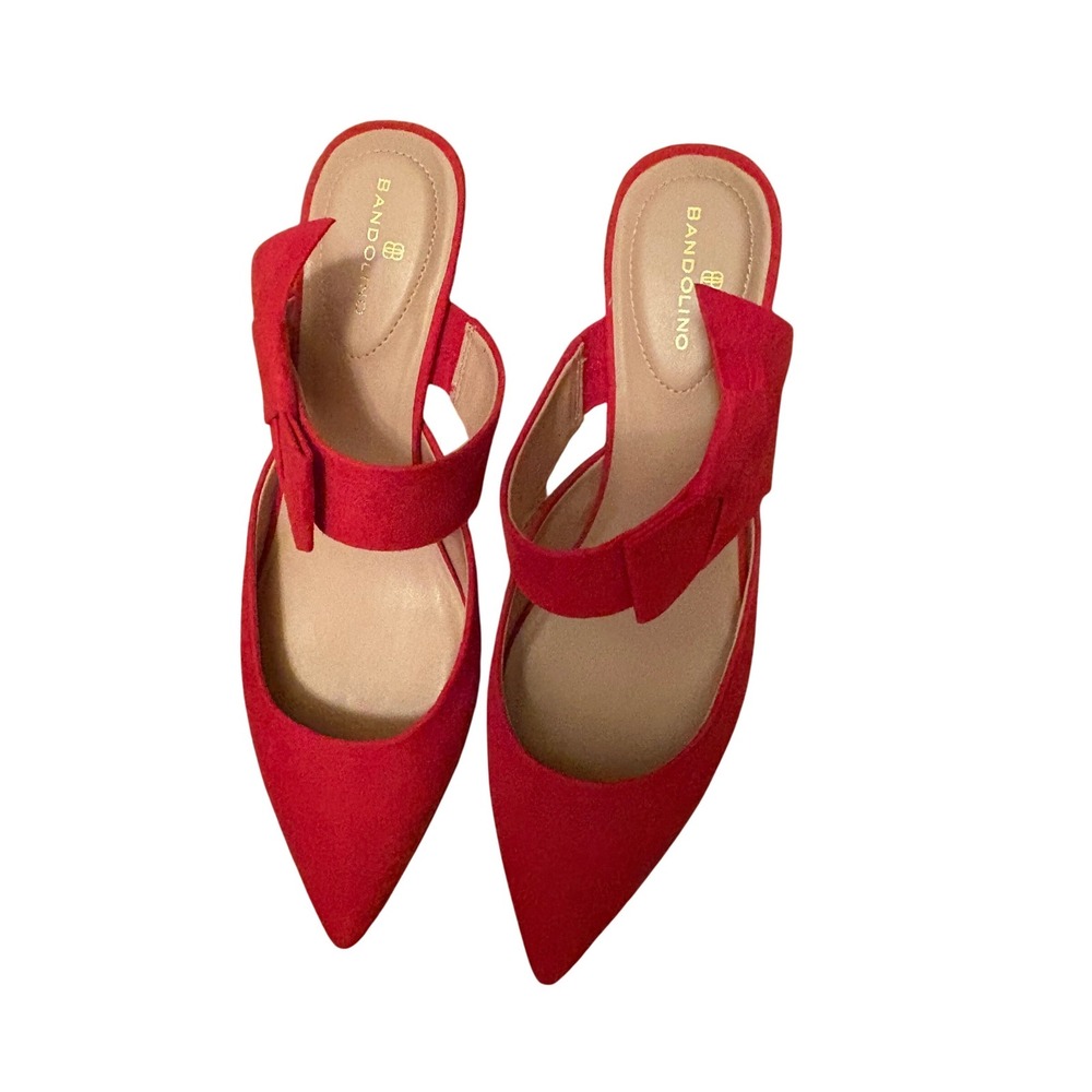 Bandolino Red Faux Suede Pointed Toe Bow Strap Kitten Heel Mules Womens 9M - Picture 2 of 4